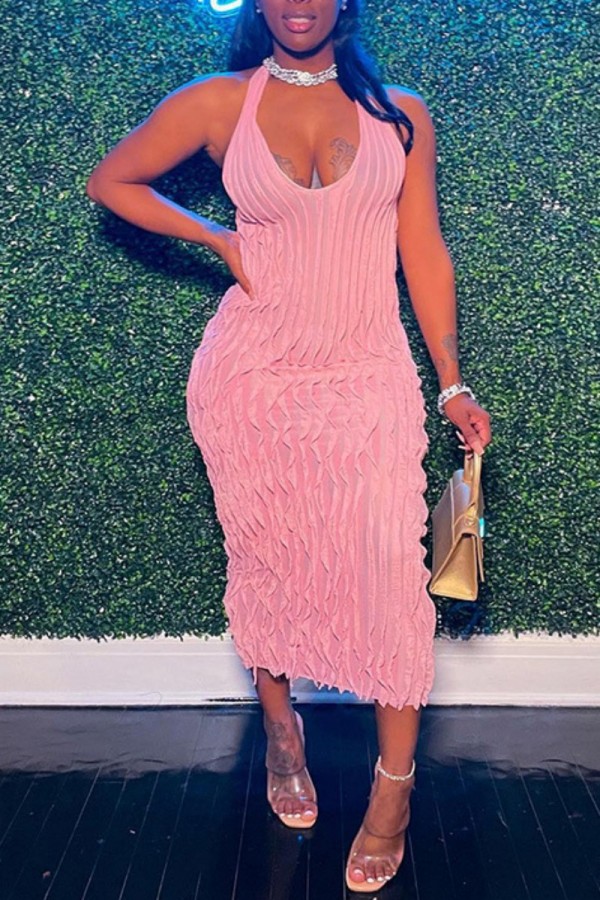 Pink Sexy Solid Bandage Backless Halter Sleeveless Dress Dresses