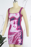 Rose Red Sexy Casual Print Backless Boat Neck Vest Dress Dresses