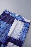 Blue Casual Print Bandage Hooded Collar Sleeveless Two Pieces
