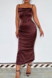 Brown Sexy Casual Solid Backless Square Collar Sling Dress Dresses