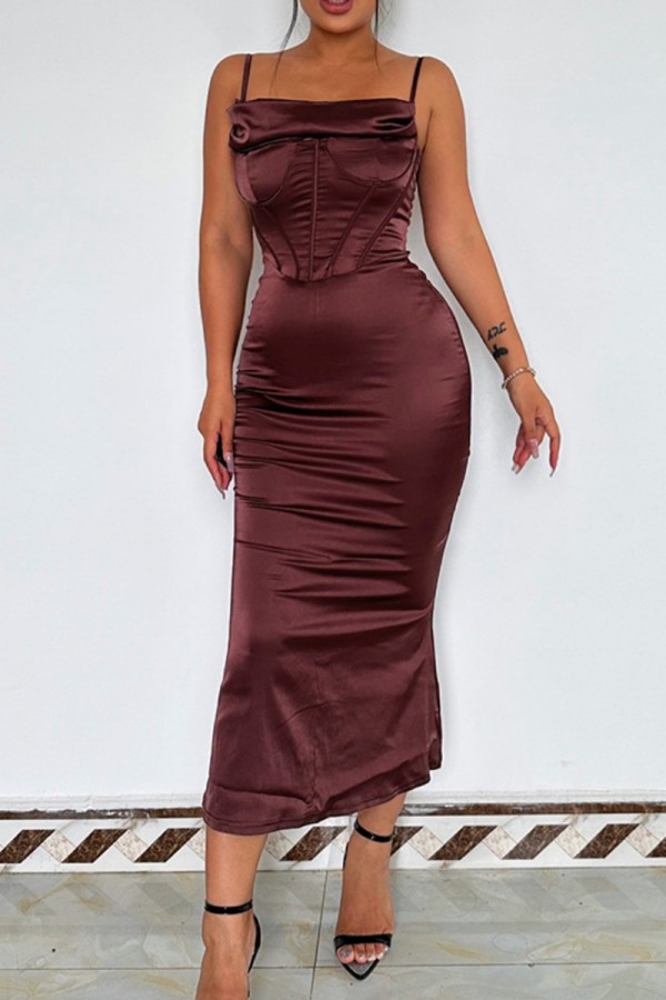 Brown Sexy Casual Solid Backless Square Collar Sling Dress Dresses
