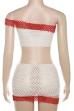 Red Sexy Patchwork Hollowed Out See-through Backless Oblique Collar Sleeveless Two Pieces