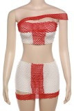 Red Sexy Patchwork Hollowed Out See-through Backless Oblique Collar Sleeveless Two Pieces