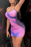 Purple Sexy Print Patchwork Backless Spaghetti Strap Wrapped Skirt Dresses