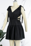 Rose Red Sexy Casual Solid Frenulum Backless V Neck Sleeveless Dress Dresses