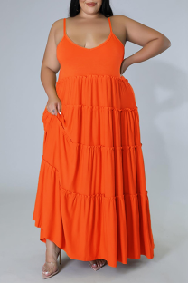 Tangerine Red Casual Solid Patchwork Spaghetti Strap Straight Plus Size Dresses
