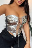 Silver Sexy Casual Solid Frenulum Backless Strapless Tops