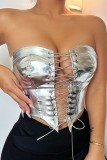 Silver Sexy Casual Solid Frenulum Backless Strapless Tops