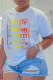 White Casual Daily Print Patchwork Letter O Neck T-Shirts
