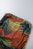 Green Orange Sexy Casual Print Backless Oblique Collar Sleeveless Two Pieces