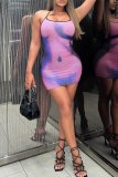 Purple Sexy Print Patchwork Backless Spaghetti Strap Wrapped Skirt Dresses