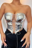 Silver Sexy Casual Solid Frenulum Backless Strapless Tops