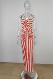 Green Sexy Striped Print Hollowed Out Backless Spaghetti Strap Long Dress Dresses