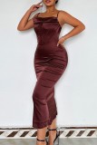 Brown Sexy Casual Solid Backless Square Collar Sling Dress Dresses