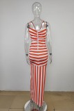 Green Sexy Striped Print Hollowed Out Backless Spaghetti Strap Long Dress Dresses