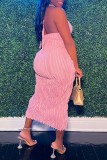Pink Sexy Solid Bandage Backless Halter Sleeveless Dress Dresses
