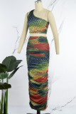 Green Orange Sexy Casual Print Backless Oblique Collar Sleeveless Two Pieces