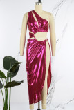 Rose Red Sexy Solid Hollowed Out Patchwork Oblique Collar Long Dress Dresses