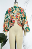 Blue Casual Print Patchwork Slit Half A Turtleneck Tops