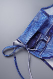Blue Casual Print Bandage Hooded Collar Sleeveless Two Pieces