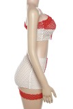 Red Sexy Patchwork Hollowed Out See-through Backless Oblique Collar Sleeveless Two Pieces