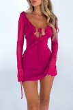 Rose Red Sexy Solid Frenulum Backless V Neck Long Sleeve Dresses