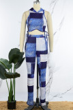 Blue Casual Print Bandage Hooded Collar Sleeveless Two Pieces