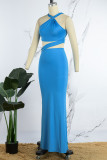 Blue Sexy Solid Hollowed Out Metal Accessories Decoration Backless Pearl Cold Shoulder Wrapped Skirt Dresses