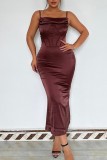 Brown Sexy Casual Solid Backless Square Collar Sling Dress Dresses