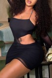 Black Sexy Solid Hollowed Out Spaghetti Strap Long Sleeve Dresses