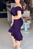 Dark Purple Sexy Print Patchwork Flounce Off the Shoulder Irregular Dress Dresses