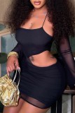 Black Sexy Solid Hollowed Out Spaghetti Strap Long Sleeve Dresses