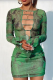 Green Sexy Print Hollowed Out Patchwork O Neck Long Sleeve Two Pieces