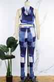 Blue Casual Print Bandage Hooded Collar Sleeveless Two Pieces