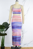 Powder Blue Sexy Print Backless Spaghetti Strap Sleeveless Two Pieces