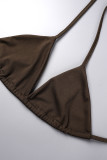 Brown Sexy Print Hollowed Out See-through Backless Asymmetrical Swimsuit Three Piece Set