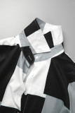 Black White Casual Print Slit Turndown Collar Shirt Dress Dresses