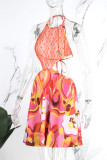 Orange Sexy Print Hollowed Out See-through Backless Halter Sleeveless Dress Dresses