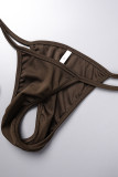 Brown Sexy Print Hollowed Out See-through Backless Asymmetrical Swimsuit Three Piece Set