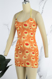 Orange Sexy Print Backless Spaghetti Strap Sleeveless Dress Dresses