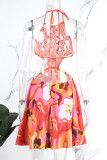 Orange Sexy Print Hollowed Out See-through Backless Halter Sleeveless Dress Dresses