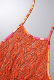 Orange Sexy Print Hollowed Out See-through Backless Halter Sleeveless Dress Dresses