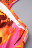 Orange Sexy Print Hollowed Out See-through Backless Halter Sleeveless Dress Dresses