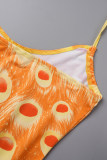 Orange Sexy Print Backless Spaghetti Strap Sleeveless Dress Dresses