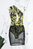 Gold Sexy Print Hollowed Out See-through Backless Oblique Collar Sleeveless Dress Dresses
