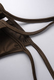 Brown Sexy Print Hollowed Out See-through Backless Asymmetrical Swimsuit Three Piece Set
