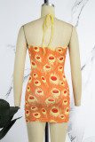 Orange Sexy Print Backless Spaghetti Strap Sleeveless Dress Dresses