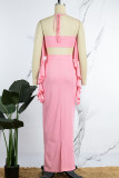 Pink Sexy Casual Solid Bandage Patchwork Backless Slit Halter Sleeveless Two Pieces