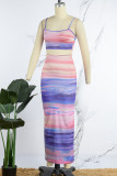 Powder Blue Sexy Print Backless Spaghetti Strap Sleeveless Two Pieces