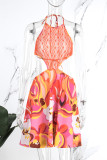 Orange Sexy Print Hollowed Out See-through Backless Halter Sleeveless Dress Dresses